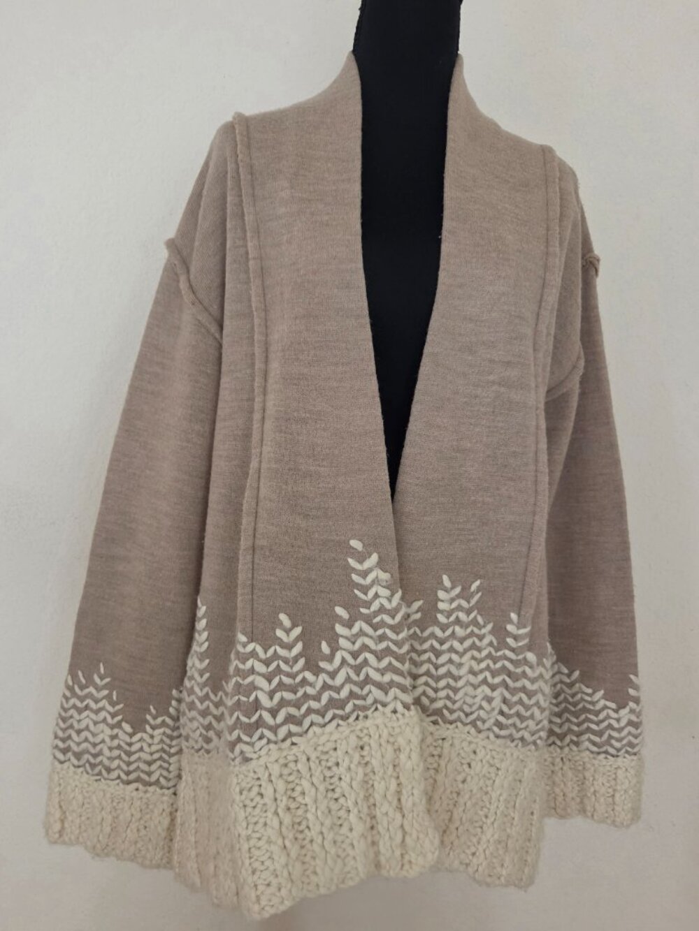 Tabitha Anthropology Beige & Cream Wool Cardigan with Embroidered Accents